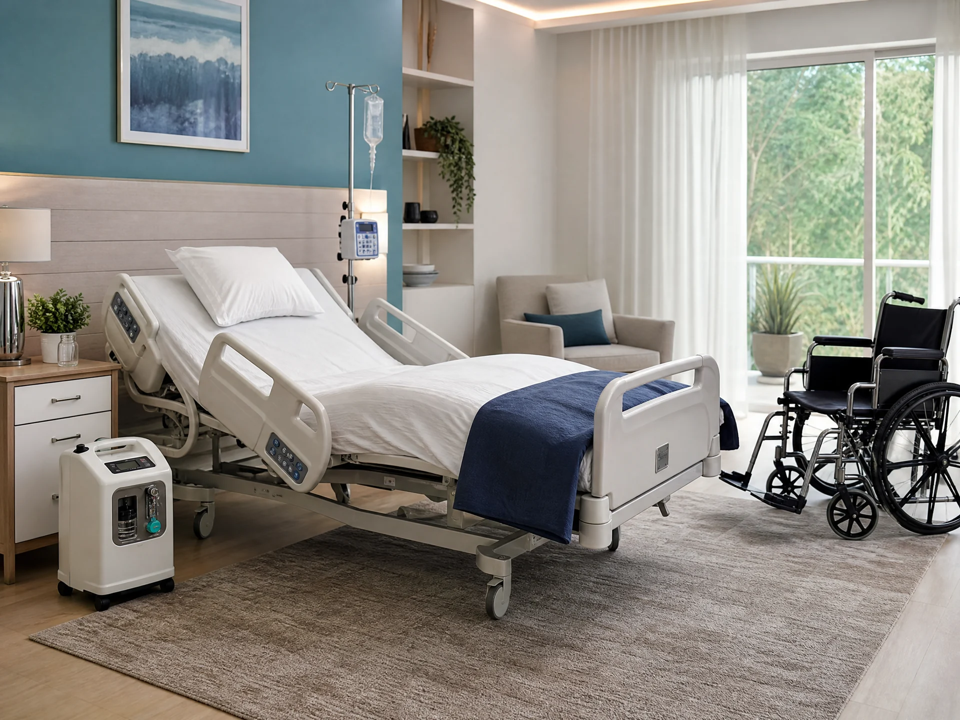 Quarto residencial preparado com cama hospitalar e equipamentos